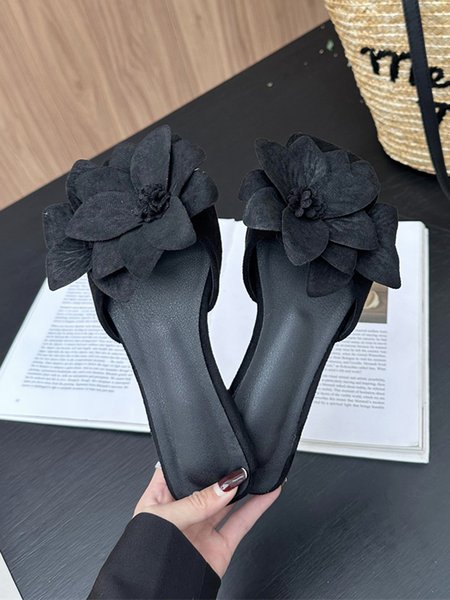 

Elegant Floral Square Toe Flat Slide Sandals, Black, Slippers