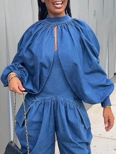

Crop Casual Stand Collar Denim Top, Blue, Blouses and Shirts