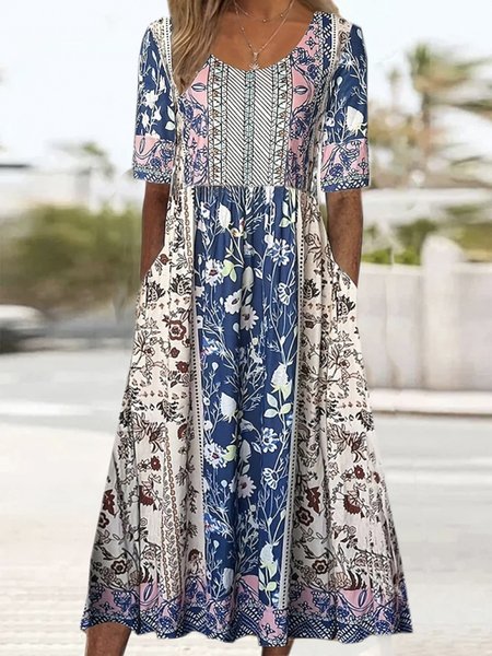 

Women Floral Crew Neck Short Sleeve Comfy Casual Maxi Dress, Blue, Dresses
