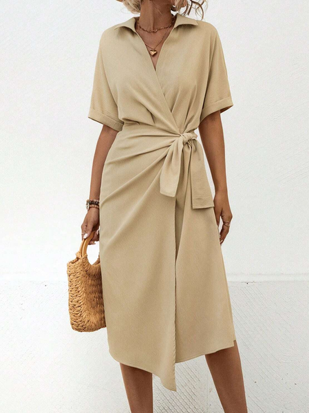 

Women's Short Sleeve Summer Khaki Plain Knot Front Shirt Collar Daily Elegant Midi Dress, Dresses