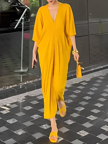 

Loose V Neck Urban Plain Dress, Yellow, Maxi Dresses