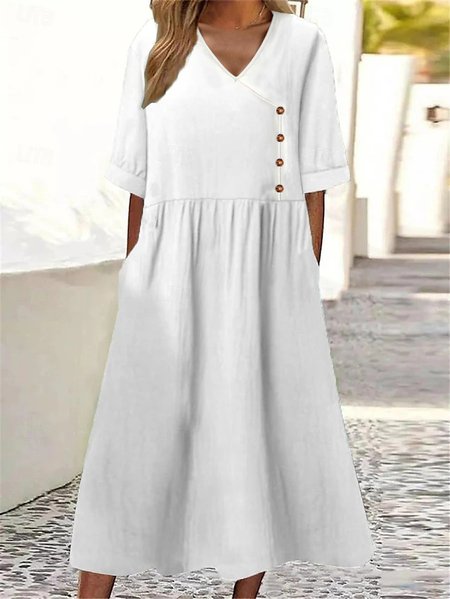 

Loose Crew Neck Vacation Cotton Dress With No, White, Maxi Dresses