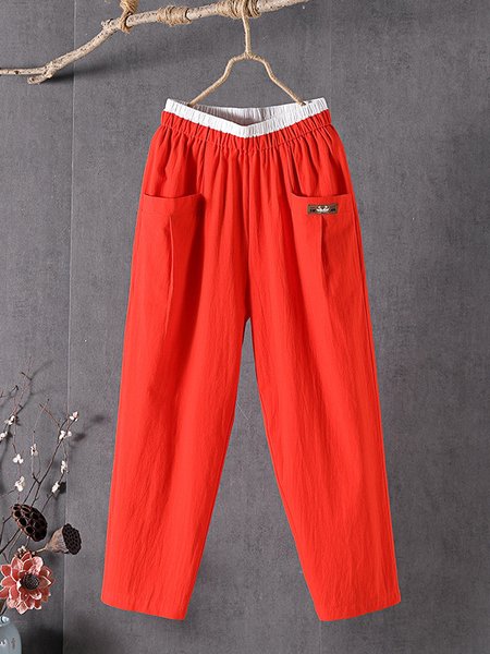 

Plain Casual Pocket Stitching Cotton Pants, Red, Pants