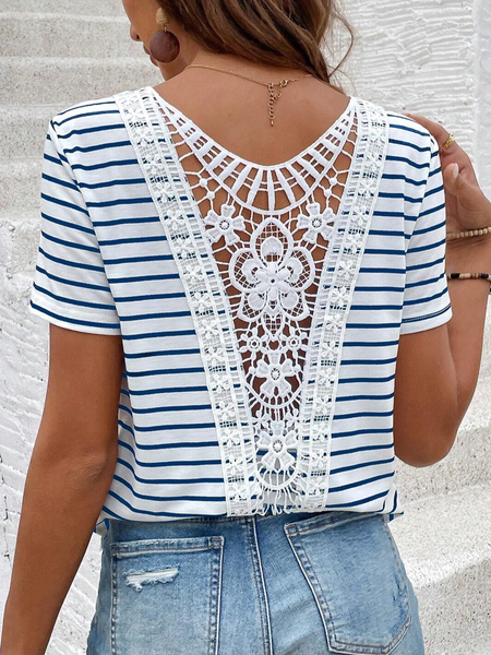 

Women's Short Sleeve Tee Summer Striped Lace Hollow out V Neck Going Out Elegant Top White Red, Blue, Blouses