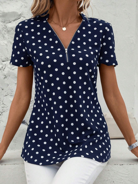 

Women's Short Sleeve Blouse Summer Dark Blue Polka Dots Zipper V Neck Going Out Top, Shirts & Blouses