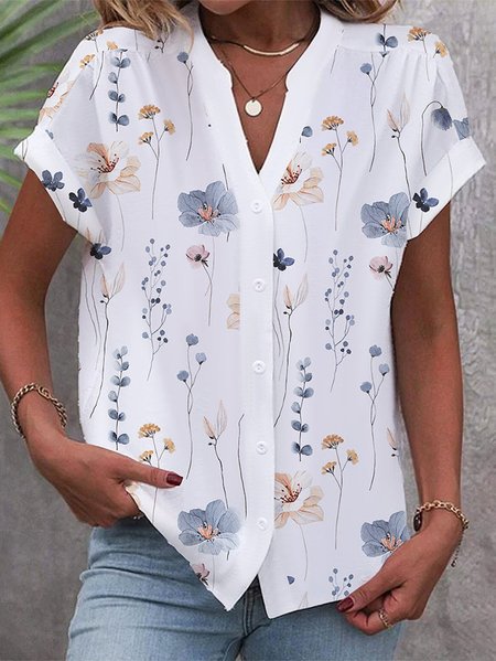 

Casual V Neck Buckle Floral Shirt, White, Shirts & Blouses