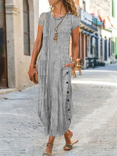 

Casual Loose Striped Dress With No, Black, Maxi Dresses