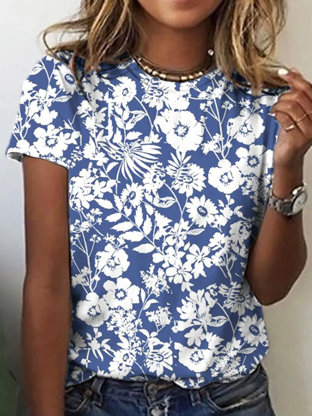 

Casual Floral Crew Neck Short Sleeve T-shirt, Blue, T-shirts