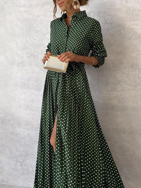 Women's Long Sleeve Spring Fall Green Polka Dots Shirt Collar Daily Elegant Maxi Dress
