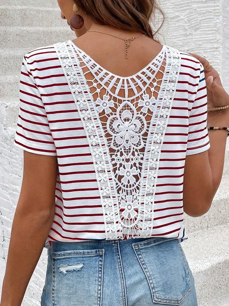 

Women's Short Sleeve Tee Summer Striped Lace Hollow out V Neck Going Out Elegant Top White Red, Blouses