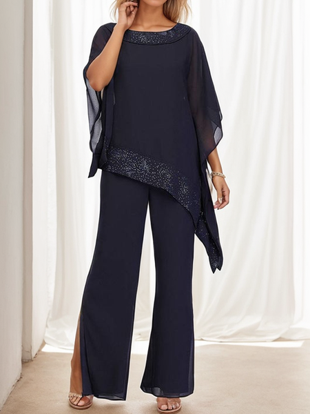 

Women's Asymmetric Plain Daily Two-Piece Set Dark Blue Casual Summer Top With Pants, Suit Set