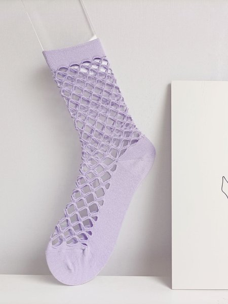 1pair Breathable Hollow Out Plaid Mid-calf Socks, Purple, Socks