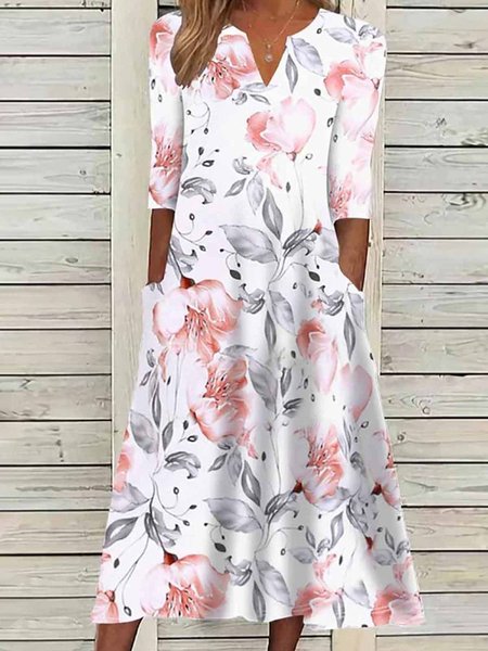 

Women Floral Notched Half Sleeve Comfy Casual Maxi Dress, Pink, Dresses