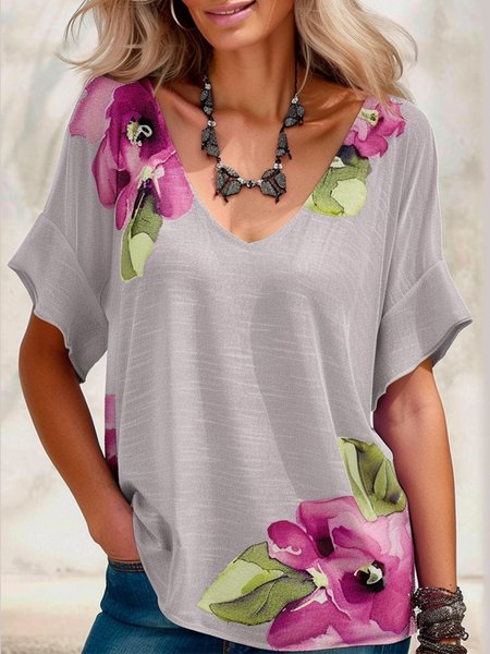 Women's Short Sleeve T shirt Summer Gray Floral Cotton V Neck Daily Casual Top