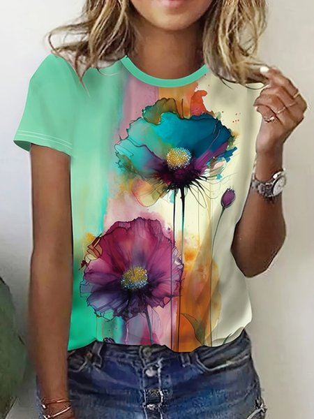 

Casual Floral Crew Neck Short Sleeve T-shirt, Blue, T-shirts