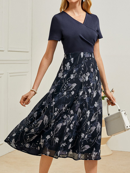 

Crew Neck Floral Elegant Dress, Blue, Dresses
