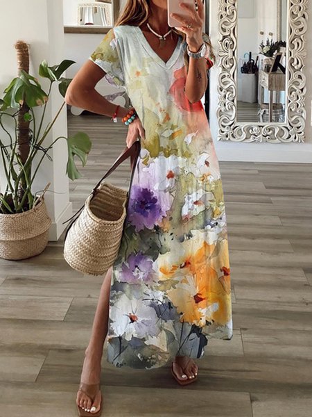 

Women Floral V Neck Short Sleeve Comfy Casual Maxi Dress, Multicolor, Dresses