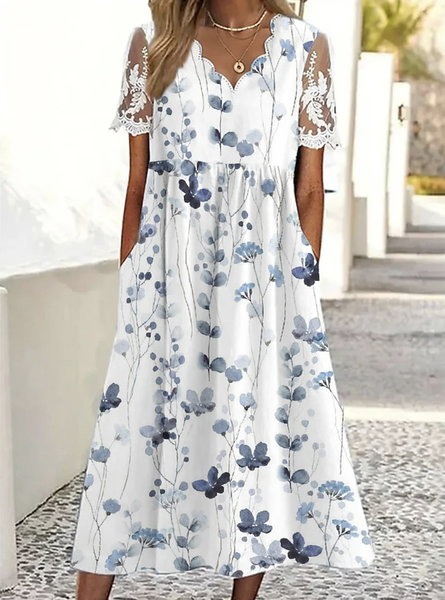 

Women Floral Half Open Collar Short Sleeve Comfy Casual Lace Maxi Dress, Blue, Dresses