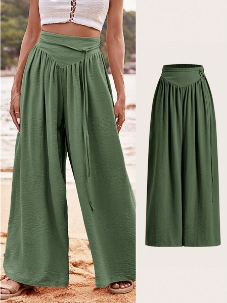 Women's Elastic Band H Line Wide Leg Pants Daily Pant Green Casual Plain Pant