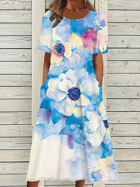 

Women Floral Crew Neck Short Sleeve Comfy Casual Maxi Dress, Blue, Dresses