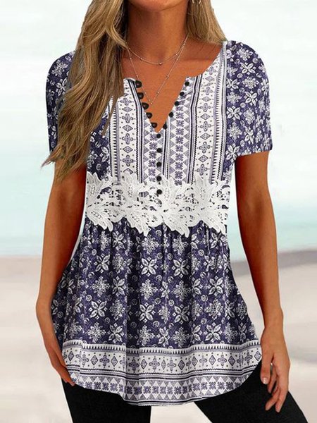 

Crew Neck Short Sleeve Floral Lightweight Loose Shirt For Women, Blue, Blouses