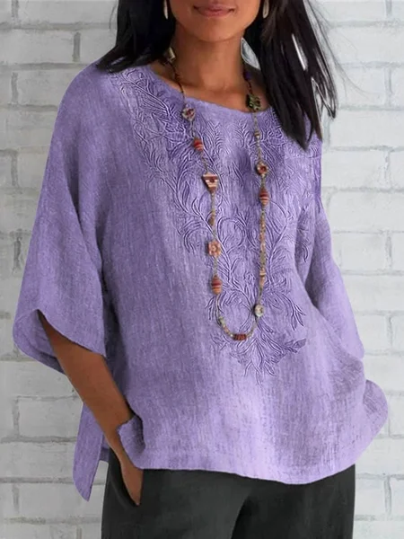 

Women's Short Sleeve Shirt Summer Purple Plain Embroidery Cotton Crew Neck Daily Casual Top, Blouses & Shirts