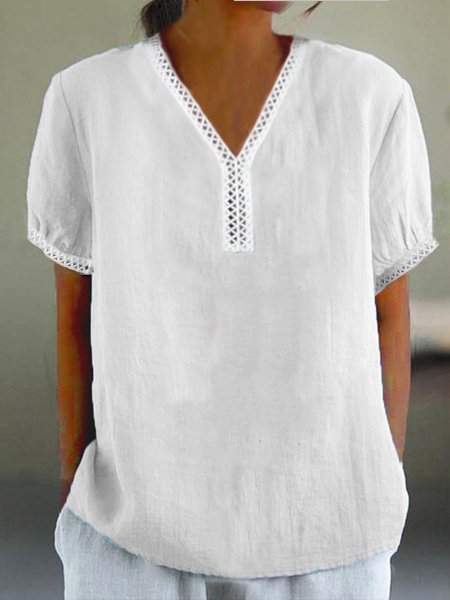 

Loose V Neck Casual Cotton Blouse, White, Blouses & Shirts