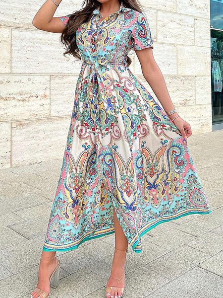 

Printing Urban Shirt Collar Ethnic Dress With Belt, As picture, Maxi Dresses
