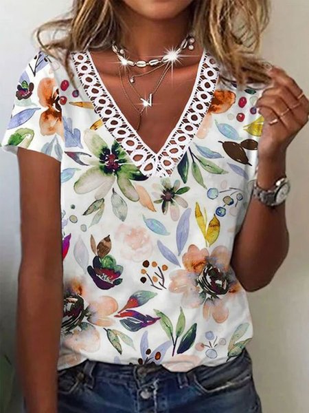 

Casual Floral V Neck Short Sleeve T-shirt, Multicolor, T-shirts