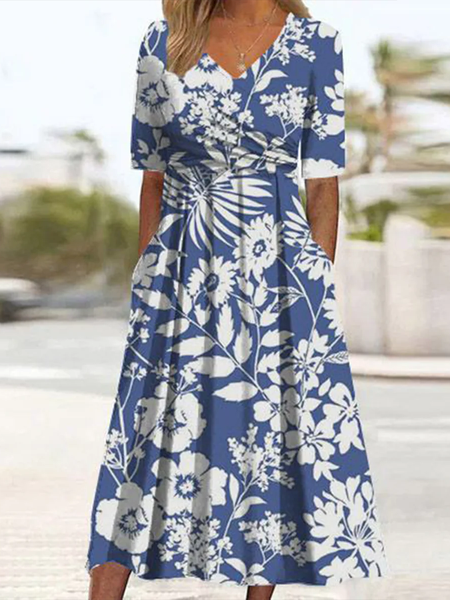 Women Floral V Neck Short Sleeve Comfy Casual Maxi Dress, Blue, Dresses
