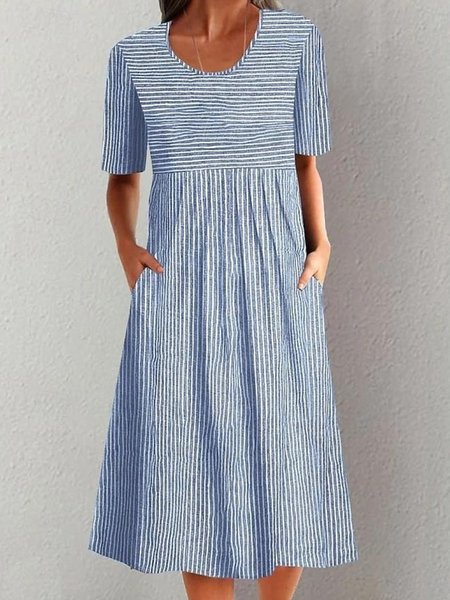 

Women Striped Crew Neck Short Sleeve Comfy Casual Maxi Dress, Blue, Dresses
