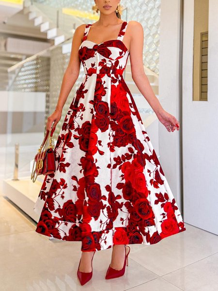 

Regular Fit Elegant Floral Midi Dress, Red, Midi Dresses