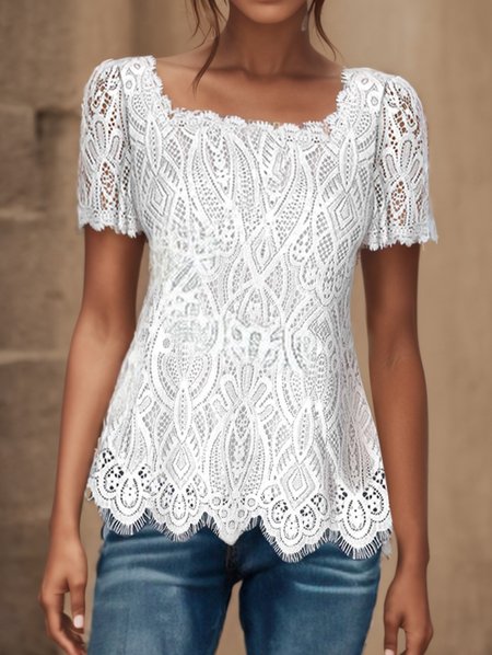Women's Short Sleeve Shirt Summer White Plain Lace Square Neck Daily Casual Top