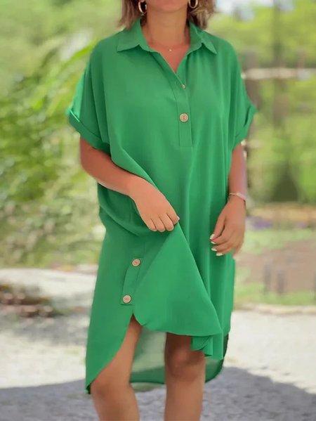 

Women Plain Shirt Collar Short Sleeve Comfy Casual Midi Dress, Green, Dresses