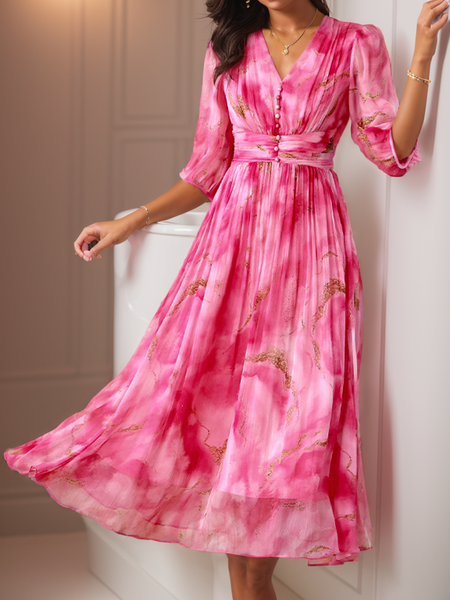 

Women's Half Sleeve Summer Pink Gradient Pattern Scramble V Neck Daily Vacation Maxi Dress, Dresses