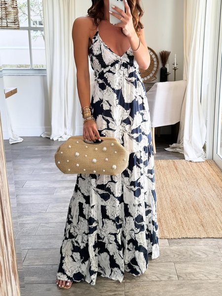 

Women Floral Spaghetti Gallus Comfy Casual Maxi Dress, Black, Dresses