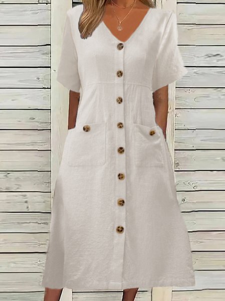 Cotton Plain Casual Dress With No, White, Midi Dresses