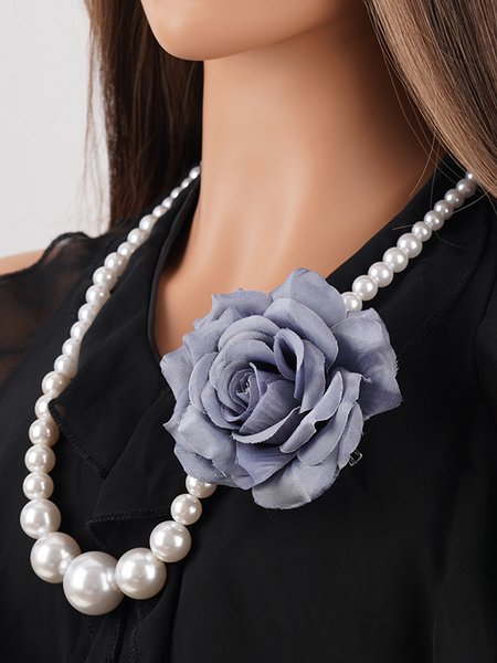 

2pcs/set Elegant Pearl Necklace And Rose Flower Brooch Jewelry Set, Light blue, Jewelry