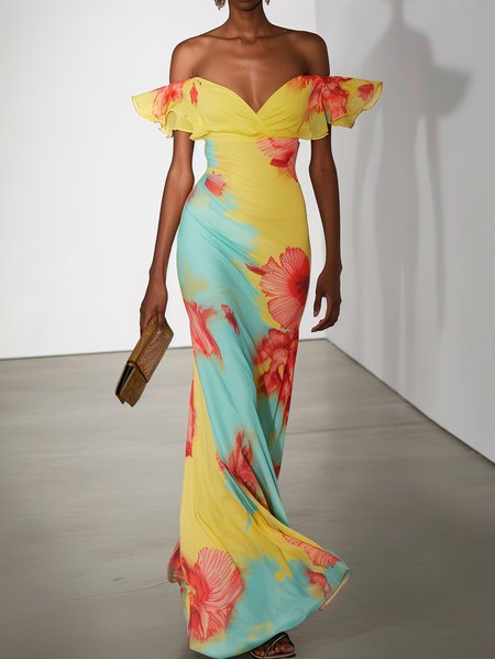 

Women's Short Sleeve Summer Floral Ruched Dress Strapless Date Going Out Urban Maxi H-Line Mermaid Skirt, Yellow, Dresses