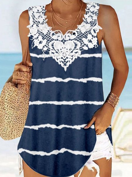 

Casual Striped Tank Top Lace, Blue, Tanks & Camis