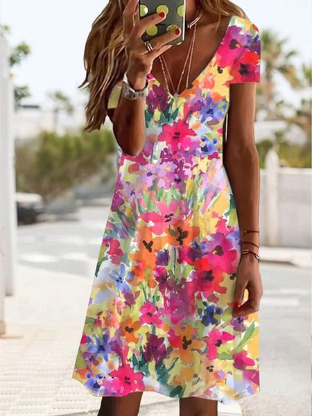 

Women Floral V Neck Short Sleeve Comfy Casual Short Dress, Red, Dresses