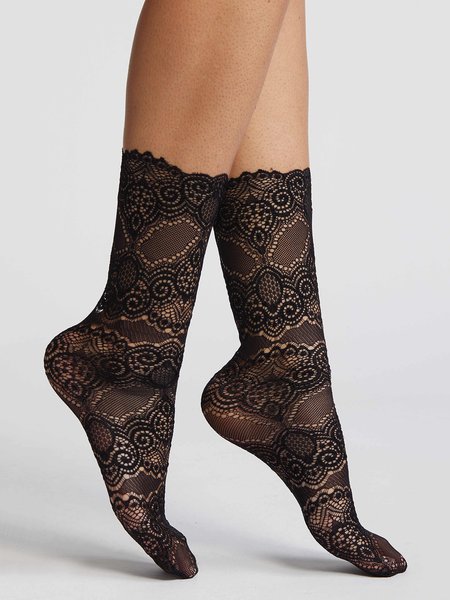 

1pair Floral Lace Mid-calf Crew Socks, Black, Socks