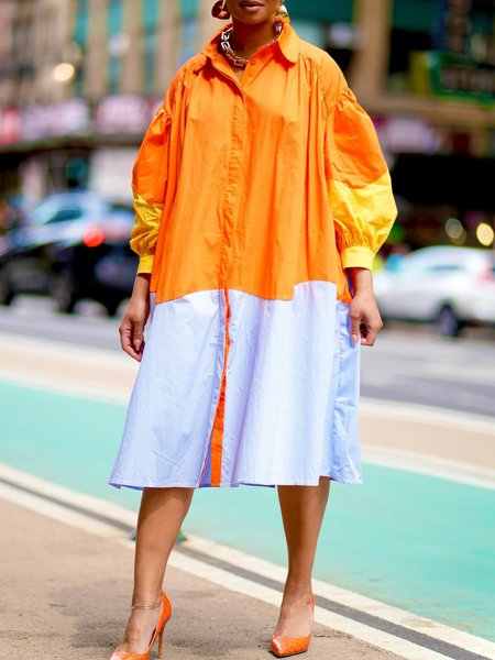 Loose Shirt Collar Color Block Urban Dress, Orange, Midi Dresses