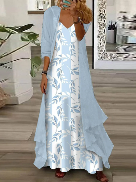 

Women Floral V Neck Three Quarter Sleeve Comfy Casual Coat With Skirt Two-Piece Set, Blue, Dresses