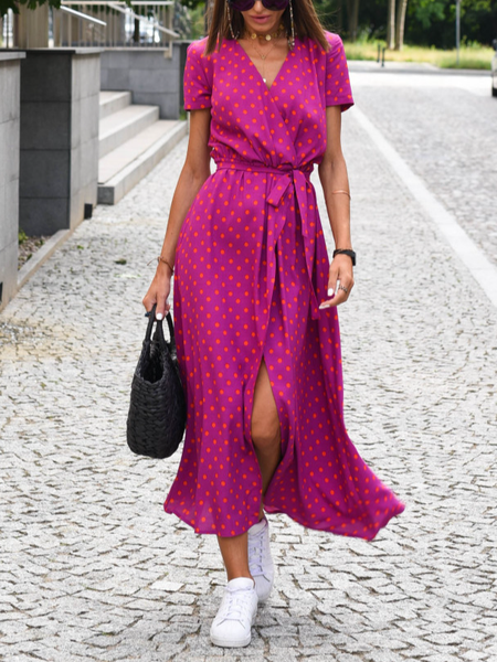 

Women Floral V Neck Short Sleeve Comfy Casual Maxi Dress, Rose red, Dresses