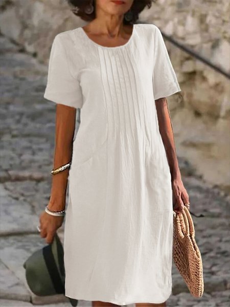 

Cotton Casual Crew Neck Loose Dress With No, White, Midi Dresses