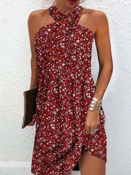 

Women Floral Halter Sleeveless Comfy Casual Short Dress, Red, Dresses