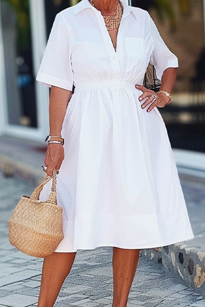 

Loose Shirt Collar Plain Urban Dress, White, Midi Dresses