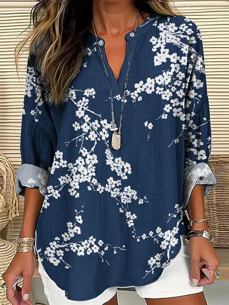 

Notched Long Sleeve Floral Regular Loose Shirt For Women, Purplish blue, Blouses
