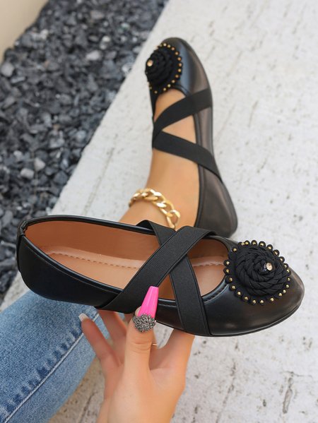 Casual All Season Plain Pu Shallow Shoes, Black, Flats